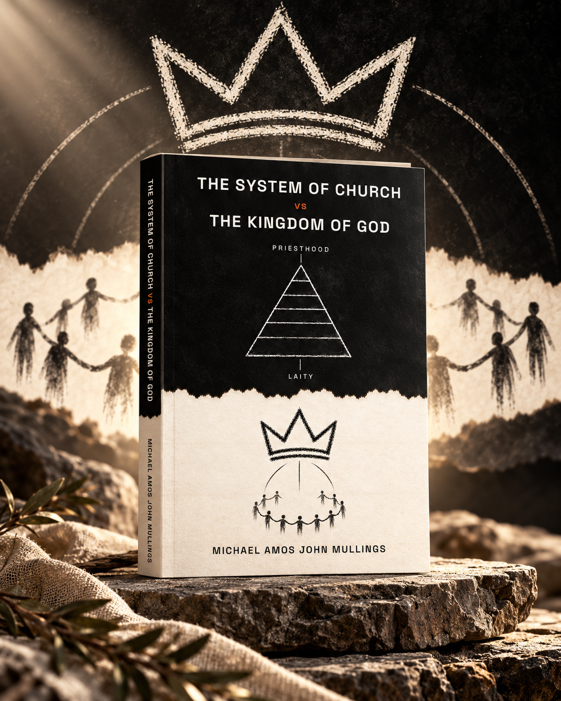 The book beneath a crown with a circle of people in the background
